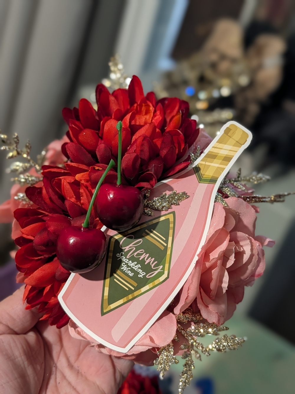 Cherry Accent Floral Hair Clip - Pink and Red